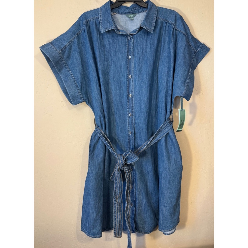 Terra & Sky Denim Shirt Dress Women 4X Blue Relaxed Fit Button Front Belted NEW
